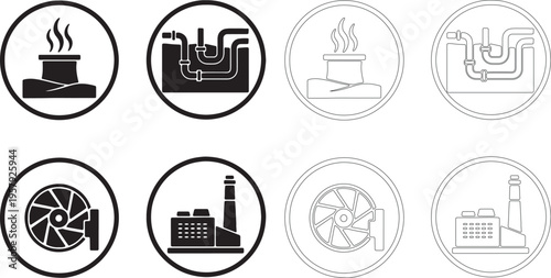 Black and white industrial with silhouettes of factory and pipe symbols