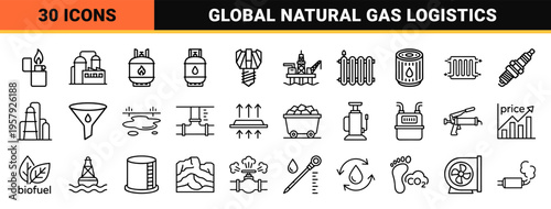 Petrochemical and Natural Gas Industry Infrastructure Icons Featuring Minimalist Geometric Line Art for Commercial Energy Logistics