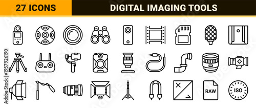 Optical Imaging and Visual Technology Outline Icons with Minimalist Monoline Aesthetic for Professional Photography and Video Production