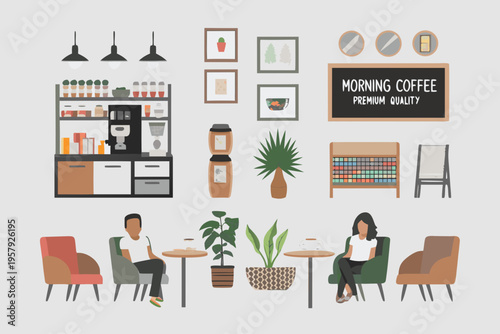 A cozy cafe interior illustration with furniture coffee and decor