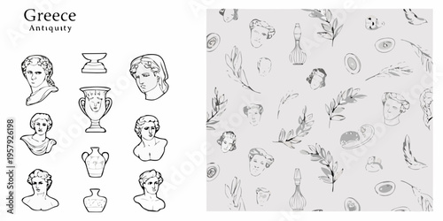 Ancient greek artifacts and busts arranged in a repeating pattern