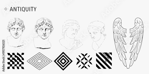 Ancient bust sketches and geometric patterns in a minimalist style