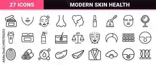 Dermatology and Skincare Clinic Monoline Outline Icons for Facial Aesthetics, Cosmetic Products, Beauty Salon Treatments, and Medical Spa Services.