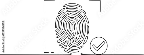 Black outline fingerprint scan with checkmark white background security concept identification