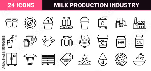 Dairy Production and Milk Industry Outline Icons, Minimalist Monoline Geometric Line Art for Commercial Agriculture and Food Processing.