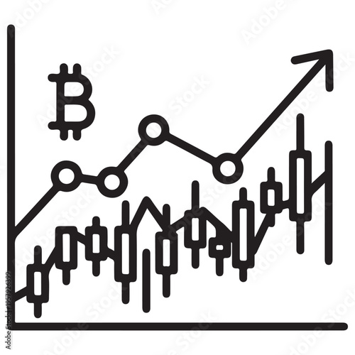 Bitcoin cryptocurrency price chart showing a bullish upward trend and market growth for financial analysis, digital asset trading, and investment strategy in a minimalist line art style.