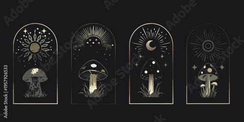 Four celestial arched panels featuring suns moons stars and mushrooms