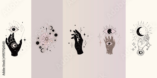 Mystical hands with celestial elements moons stars and the all seeing eye
