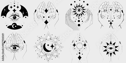 Mystical hands and celestial symbols in a minimalist black and white design