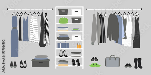 An organized closet displays clothing boxes and shoes in neutral tones