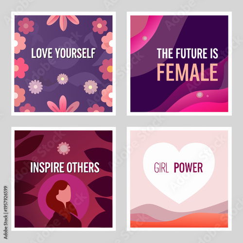 Four inspirational square graphics with empowering messages and vibrant colors