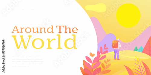 A lone traveler walks toward distant mountains under a bright sun