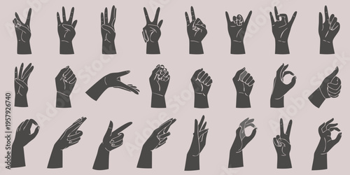 Collection of diverse hand gestures in a minimalist graphic style
