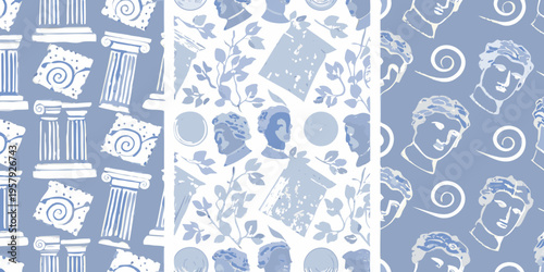 Blue and white repeating pattern featuring classical greek motifs and busts
