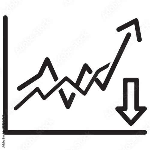 Minimalist black line icon of a financial growth and decline graph showing fluctuating market trends with upward and downward arrows for stock market volatility and business data analysis.