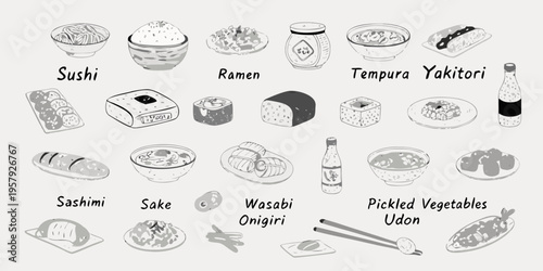 A collection of japanese food illustrations including sushi ramen and more