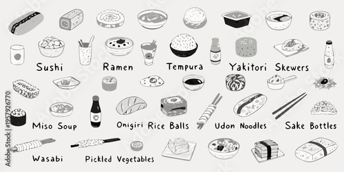 Variety of japanese food illustrations including sushi ramen and tempura