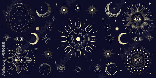 Celestial illustration featuring moons stars and mystical eye motifs