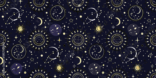 Celestial pattern featuring moons suns and ornate astrological symbols