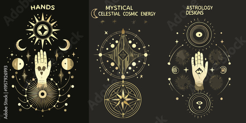 Mystical hands interacting with celestial and astrological golden designs