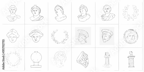 Collection of sketched ancient roman and greek busts wreaths and artifacts
