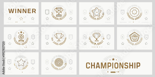 Collection of vintage award badges and championship labels in golden tones