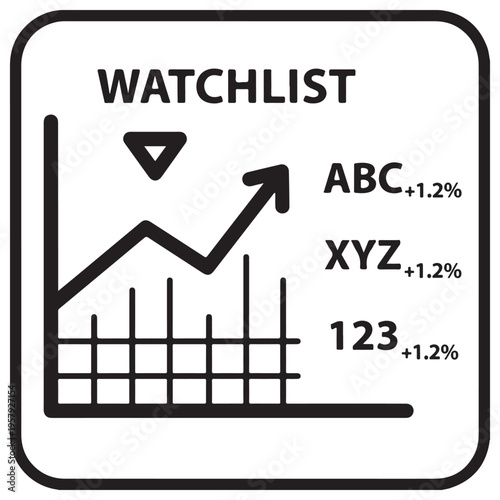 Minimalist Stock Market Watchlist Icon Featuring Upward Trending Line Graph and Financial Ticker Symbols for Investment Portfolio Tracking and Data Analysis in a Clean Flat Design.