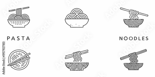 Minimalist line art illustrations depicting various bowls of pasta and noodles