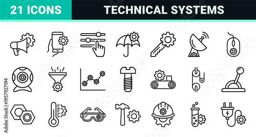Technical Configuration and System Management Monoline Icons Featuring Gears, Adjustment Sliders, and Hardware Optimization Tools.
