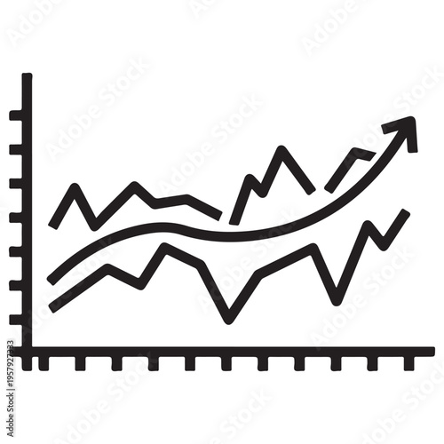 Minimalist black and white line art illustration of a financial growth chart showing multiple fluctuating data lines and a prominent upward-trending arrow for business success and market recovery.