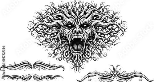 monster, skull, tree, roots, horror, fantasy, gothic, scary, creature, face, dark, evil, illustration, detailed, tattoo, design, vector, isolated, ornamental, art