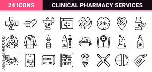 Pharmacy and Healthcare Linear Icon Set featuring Modern Monoline Symbols for Medical Services, Clinical Pharmacology, and Natural Remedies.