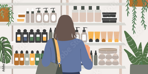 A woman views shelves stocked with various beauty and skincare products