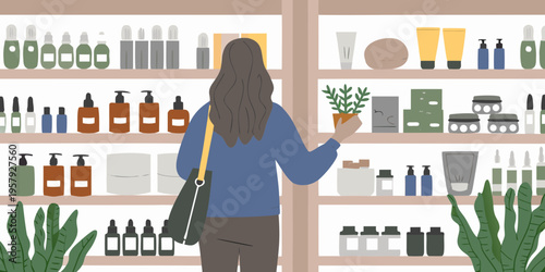 Woman browsing a variety of skincare products on display shelves