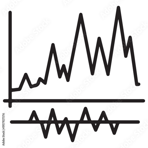 Minimalist black line art illustration of financial data charts and oscillating waveforms representing market volatility and statistical analysis isolated on a white background for business.