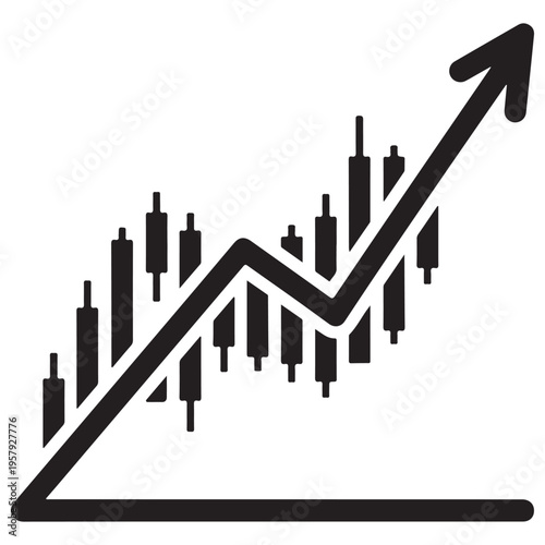 Financial stock market candlestick chart and growth arrow indicating a bullish trend and positive market performance for investment analysis and economic forecasting, clean minimalist icon.