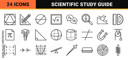 Mathematics and Science Educational Icon Set Featuring Minimalist Monoline Geometric Line Art for Academic and Technical Documentation