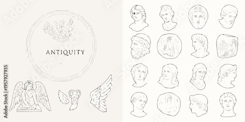 Antique sketches of classical busts angelic figures and decorative elements