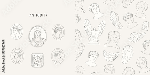 Antique sketches of classical busts wings and portrait medallions