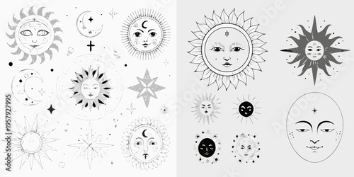 Celestial designs featuring suns and moons with human faces in black and white