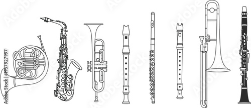 musical instruments outline vector set, orchestra band illustration, wind brass woodwind collection, saxophone trumpet trombone clarinet flute horn line art