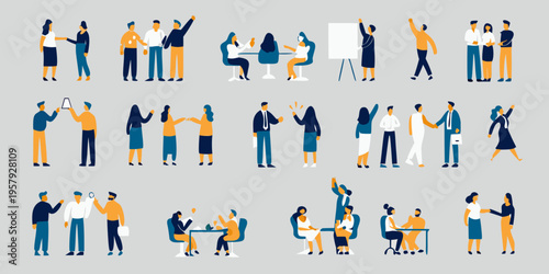 Diverse group of people interacting in various professional settings