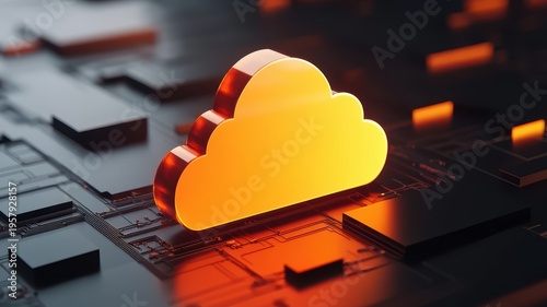 Yellow cloud over computer motherboard abstract digital art depicting a vibrant yellow cloud positioned directly above a detailed black computer motherboard