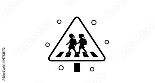 School zone safety sign with children crossing crosswalk flat vector illustration with colorful abstract shapes