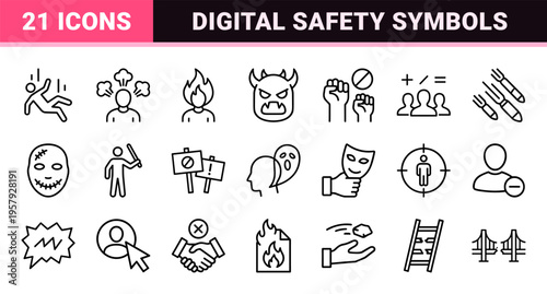 Professional Harassment and Cyber Bullying Prevention Line Art Icons Featuring Minimalist Social Conflict and Digital Safety Symbols for UI Design