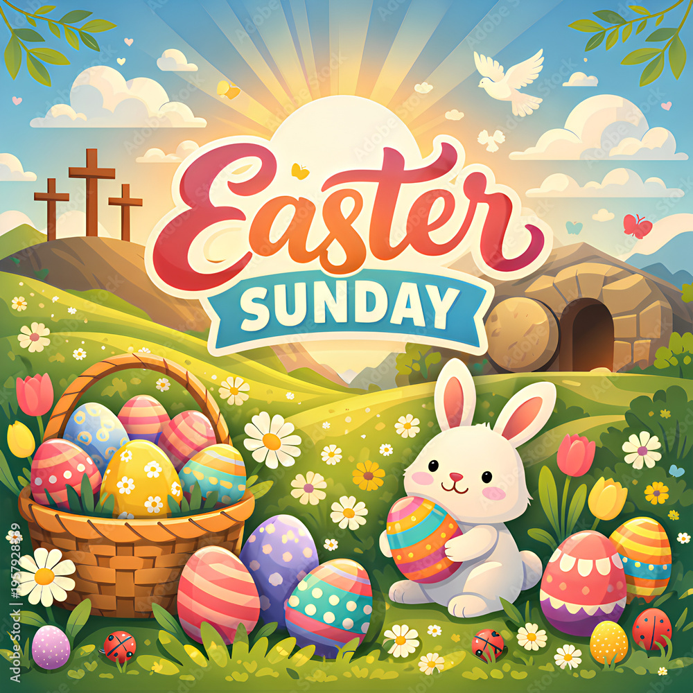 Fototapeta premium Colorful Easter Sunday Illustration with Cute Bunny, Easter Egg Basket, and Resurrection Tomb at Sunrise Background.