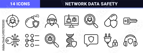Cyber Security and Digital Privacy Protection Outline Icons Featuring Minimalist Monoline Geometric Line Art for Secure Network Systems