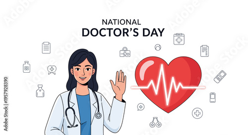 Illustration of a doctor on National Doctor's Day with a red heart and medical icons, conveying appreciation for healthcare workers and medical professionals.