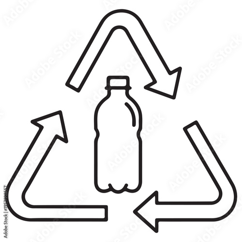 Minimalist black line art icon featuring a plastic water bottle centered within a triangular recycling arrow symbol, representing sustainable waste management and eco-friendly practices.