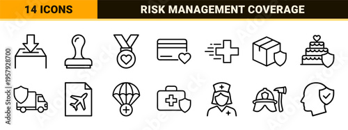 Insurance and Financial Risk Management Icon Set Featuring Minimalist Monoline Symbols for Life Health Property and Business Protection